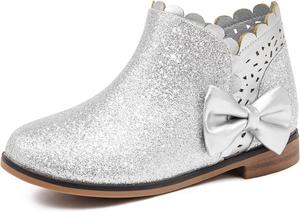 Детские ботильоны Dufannie для девочек с бантом, низким каблуком, боковой молнией, на каждый день, модные, с рюшами, осенние, для малышей и старших детей, Silver Shimmer