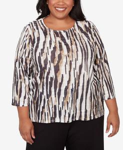 Плиссированная блузка большого размера с анималистическим принтом Севилья с ожерельем Alfred Dunner, Neutral Multi