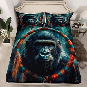 Erosebridal Фиттед простыня Chimpanzee Dreamcatcher, богемный стиль с перьями и лесными животными, Black Green Brown