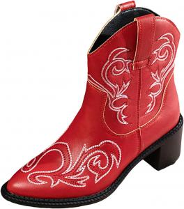 Женские ковбойские сапоги IWIHMIV, западные сапоги с вышивкой, массивным каблуком, на носке, ретро, с заостренным носком, короткие ботильоны, Red