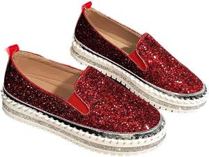 Женские платформенные кроссовки с блестками и стразами, модные удобные слипоны на плоской подошве, лоферы для прогулки, свадьбы и повседневной носки Generic, Wine