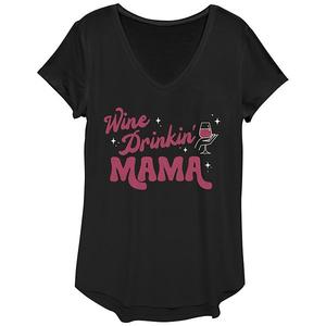 Футболка с V-образным вырезом и принтом "Wine drinking mama" Unbranded