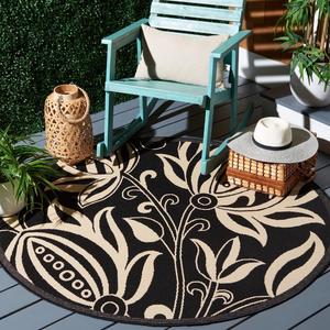 Ковер SAFAVIEH, 161 x 161 см, Courtyard Collection Round Black / Sand CY2961 Floral для помещений и улицы — водонепроницаемый, легко чистится, для патио, заднего двора, прихожей
