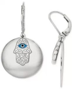 Серьги-Подвески в форме диска с хамсой из кубического циркония и эмали Macy'S, silver