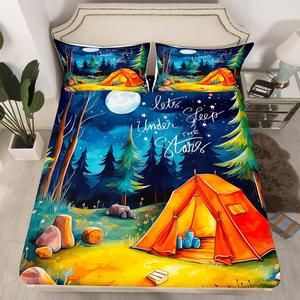 Erosebridal Комплект постельного белья Kids Camping с синим звездным небом и тематикой счастливого кемпинга в западном деревенском стиле, Multi 19