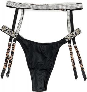 Victoria's Secret Bombshell Shine Strap бразильские трусики и подвязка, Black Leo/Leopard