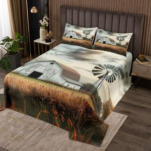 Erosebridal Комплект постельного белья Rustic Barn в деревенском стиле с вышивкой ветряных мельниц и птиц, Brown Yellow