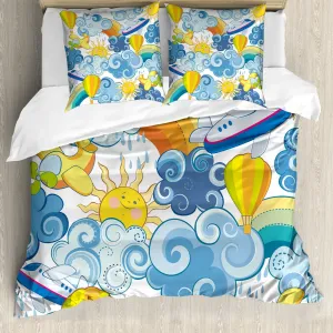 Пододеяльник с балдахином ABAKUHAUS, с изображением солнечных самолетов и воздушных шаров, с защитой от клещей, подходит для аллергиков, с наволочками, 200 см x 200 см - 80 x 80 см, желтый и светло-голубой Abakuhaus