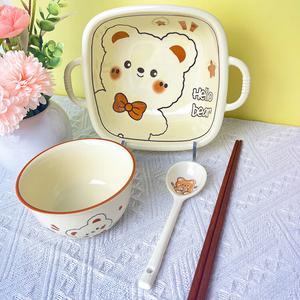 Ceramics Керамическая пиала для риса для дома, новая модель 2025, милый дизайн с медвежонком, кремового цвета, посуда на одну порцию, многофункциональная, с 4 парами палочек