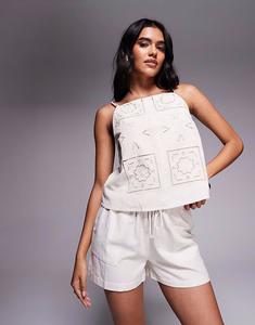 Льняной топ с вышивкой светло-бежевого цвета River Island