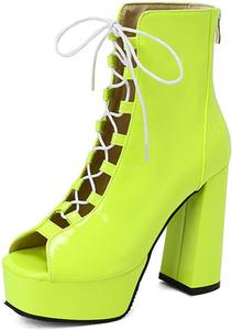 Женские ботинки TNXZ Platform до щиколотки с высоким каблуком, квадратным носком, задней молнией, открытым носком и шнуровкой, ярко-розовые