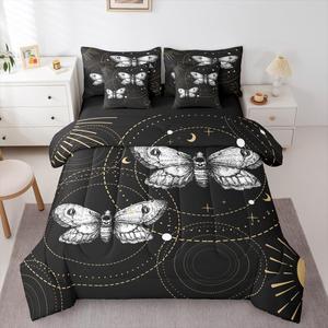 Erosebridal Геометрический комплект постельного белья Moth в черно-белых тонах с этническим принтом из кругов, солнца и луны, серо-золотистого цвета, Multi 14
