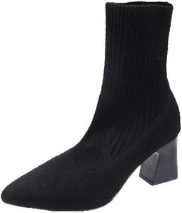 Женские носочные ботинки Носочные ботильоны с заостренным носком для женщин Ботильоны на толстом каблуке Съемные ботинки Челси из трикотажа Generic, Black