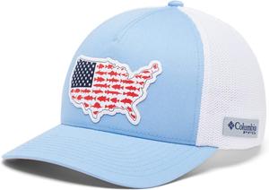 Бейсболка Columbia Unisex-Adult PFG Statetriot Mesh, Agate Blue/Red Spark/Usa Patch