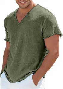 Мужская льняная рубашка с коротким рукавом и V-образным вырезом