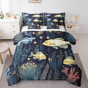 Erosebridal Детский комплект постельного белья Cute Fish Ocean Theme с уютным одеялом, морской тематикой, черно-синий, Green Yellow