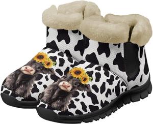Женские ботильоны с искусственным мехом, утепленные зимние сапоги, теплые и удобные мягкие ботинки, легкие противоскользящие ботинки, повседневная обувь для дома Chririnla, Black White Cow Highland Cow