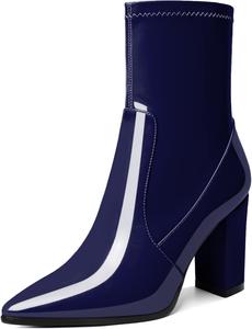 Женские ботильоны AUMOTED с блок-каблуком, массивный высокий каблук, короткие ботинки, заостренный носок, боковая молния, модные удобные ботинки для выхода, каблук 3,4 дюйма, Navy