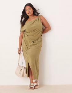 Платье миди из льна ASOS DESIGN Curve с защипами на плечах и запахом цвета хаки ASOS Curve