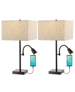 Настольная светодиодная лампа Austin 65 см, в стиле фермерского дома, с двумя плафонами, USB-портом для зарядки и регулируемой подсветкой для чтения, комплект из 2 штук Jonathan Y, бронза