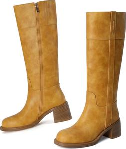 Женские высокие сапоги Reitoye до колена с круглым носком, массивным каблуком и боковой молнией, высокие сапоги Го-го, Banana Yellow