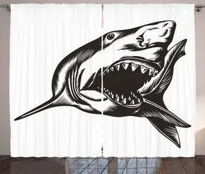Штора ABAKUHAUS "Акула" в деревенском стиле, "Дикая рыба с открытым ртом", для спальни, присборенная тесьма с петлями и крючками, 280 x 175 см, темно-серо-белый Abakuhaus