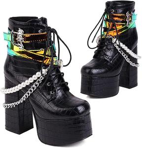 Женские ботильоны на платформе SaraIris с массивным каблуком, шнуровкой и цепочкой с жемчугом, черные панк-готические ботинки