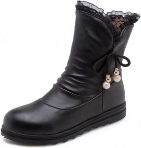 Женские милые ботильоны на низком каблуке с круглым носком, бантом и рюшами, для зимы и осени, короткие JOEUSTY, Black-Velvet Lined