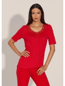 MADELEINE Льняная футболка с короткими рукавами и изящной кружевной отделкой красного цвета