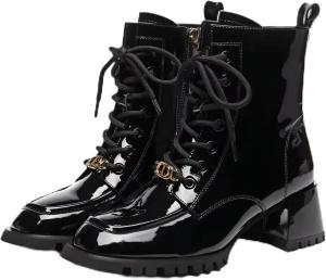 Стильные и модные женские ботильоны на шнуровке с боковыми молниями, массивным каблуком и округлым носком, из натуральной лакированной кожи, для офисного и повседневного стиля XU RI Happy Bird, Black-Leather Lining