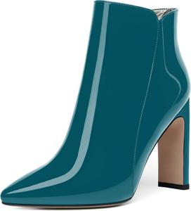 Женские ботильоны FEMSTEP с молнией, лакированные, для вечеринок, с заостренным носком, на массивном каблуке, высотой до щиколотки, каблук 10 см, Teal