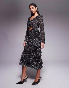 Юбка миди с оборками в горошек черного цвета New Look