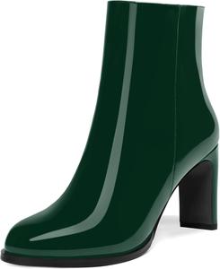 Женские ботильоны с круглым носком из лакированной кожи с молнией, на высоком каблуке 3,3 дюйма DEMOSHINE, Dark Green