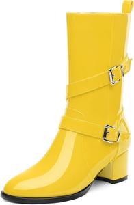 Женские сапоги до середины икры, низкий каблук, боковая молния, ботильоны до икры для женщин, круглый носок, модная лодыжка с ремешком и пряжкой RLYGHWAO, Yellow Patent