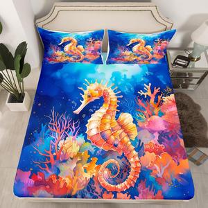 Erosebridal Детский комплект постельного белья Coral Seahorse Full с морскими животными и подводными существами, синий, Orange and Blue