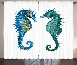 Штора ABAKUHAUS "Морской конек" в деревенском стиле, ретро-акварель, универсальная ленточная штора для гостиной с петлями и крючками, 280 x 175 см, цвет: бледно-кофейный, королевский синий Abakuhaus