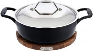 All-Clad чугунная эмалированная глубокая сковорода с подставкой из акации 25 см для индукции, духовки и гриля до 350°C, посуда черная