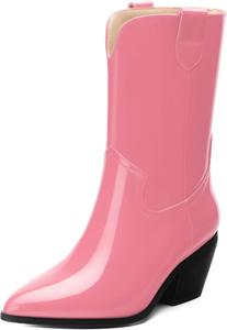 Женские сапоги WAYDERNS до середины икры из лакированной кожи с массивным каблуком, заостренным носком, 2,3-дюймовым каблуком, короткие ботильоны для модных повседневных прогулок, свиданий и шопинга, осенние, Baby Pink