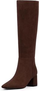 Женские ботфорты до колена с массивным каблуком и квадратным носком, высокие ботинки для женщин на среднему каблуке с боковой молнией, длинные осенние ботинки VIUGJNEX, Suede Chocolate