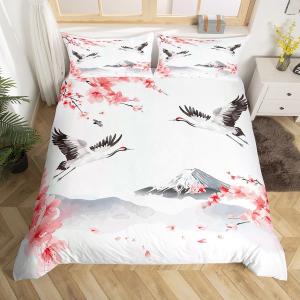 Erosebridal Японский комплект постельного белья King с розовой сакурой и журавлями, восточный стиль, Pink White Black