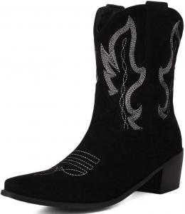 Замшевые ковбойские сапоги KOKOMOMO с вышивкой, с низким каблуком, короткие ковбойские сапоги, Western, накулачные, Black