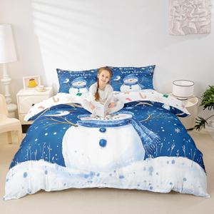 Erosebridal Комплект постельного белья с новогодним принтом снеговика и елки, Blue White Yellow