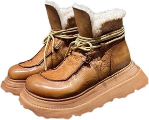 Женские кожаные пушистые ботинки на щиколотку для снега, с плюшем, теплые, для зимы, классические и универсальные GBGRHM, Caramel