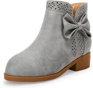 Детские ботинки для девочек с бантом, из искусственной замши, с вырезом V, низким невысоким каблуком, боковой молнией, стиль Челси Coutgo, Grey