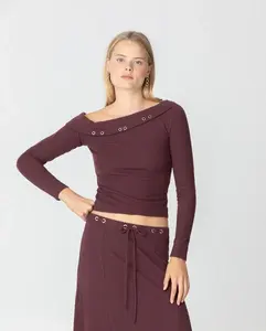 Женский топ с длинным рукавом асимметричного кроя с металлическими люверсами Noon, бордовый