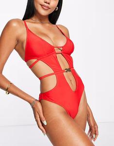 Купальник с глубоким вырезом и отделкой красного цвета Asos Design