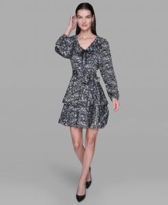 Женское атласное платье с принтом, оборками и V-образным вырезом KARL LAGERFELD PARIS, Soft White/ Black