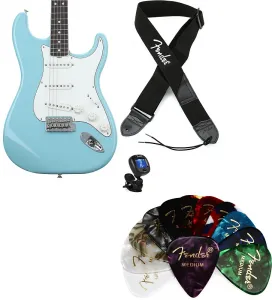 Fender Eric Johnson Stratocaster - тропический бирюзовый с грифом из палисандра. Набор с ремнем Fender 2" из полиэстера с логотипом - черный с белым логотипом... (4 предмета)