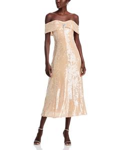 Платье с открытыми плечами и золотыми пайетками Self-Portrait, коричневый/бежевый