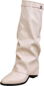 Женские зимние высокие сапоги до колена с отворотом, свободным верхом, массивным каблуком, высоким голенищем, заостренным носком, без застежки, длинные праздничные сапоги LZXBZAI, White-Pu